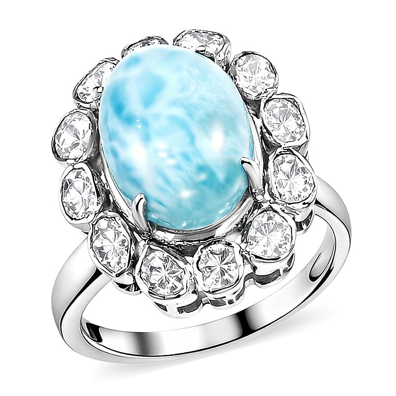 D'Joy AAA Larimar and Diamond 7.60 ctw Ocean Glow Halo Ring in Rhodium Over Sterling Silver (Size 10.0)