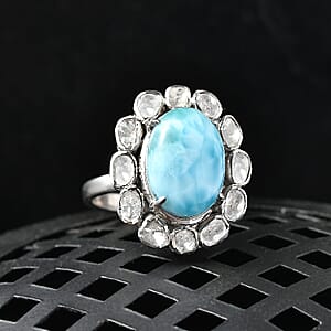 D'Joy AAA Larimar and Diamond 7.60 ctw Ocean Glow Halo Ring in Rhodium Over Sterling Silver (Size 10.0)