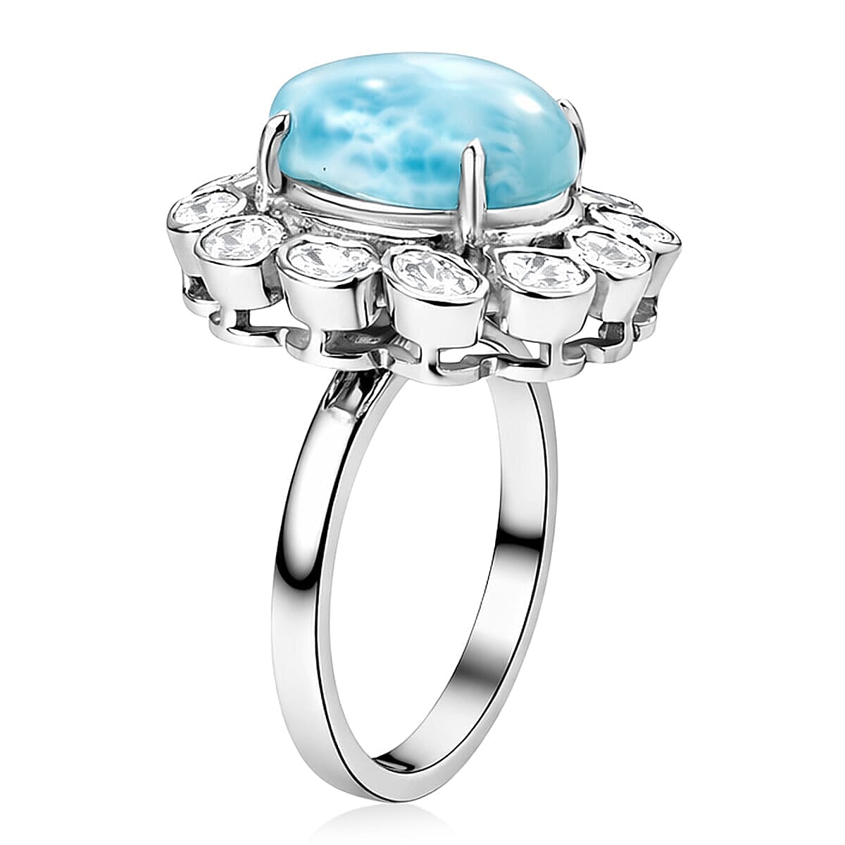 D'Joy AAA Larimar and Diamond 7.60 ctw Ocean Glow Halo Ring in Rhodium Over Sterling Silver (Size 10.0) image number 3