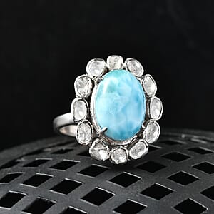 AAA Larimar and Diamond 7.60 ctw Ocean Glow Halo Ring in Rhodium Over Sterling Silver (Size 8.0) (Ships. in 8-10 Days)