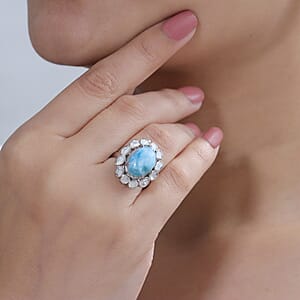 AAA Larimar and Diamond 7.60 ctw Ocean Glow Halo Ring in Rhodium Over Sterling Silver (Size 8.0) (Ships. in 8-10 Days)
