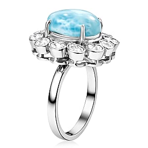 AAA Larimar and Diamond 7.60 ctw Ocean Glow Halo Ring in Rhodium Over Sterling Silver (Size 8.0) (Ships. in 8-10 Days)