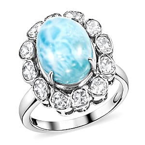 AAA Larimar and Diamond 7.60 ctw Ocean Glow Halo Ring in Rhodium Over Sterling Silver (Size 9.0) (Ships. in 8-10 Days)