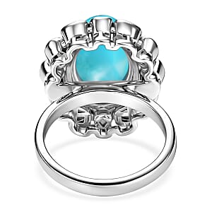 AAA Larimar and Diamond 7.60 ctw Ocean Glow Halo Ring in Rhodium Over Sterling Silver (Size 9.0) (Ships. in 8-10 Days)