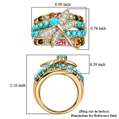 GP Trionfo Collection Premium Lagoon Turquoise and Multi Gemstone 3.00 ctw Dragonfly Ring in 18K Vermeil Yellow Gold Over Sterling Silver (Size 10.0)