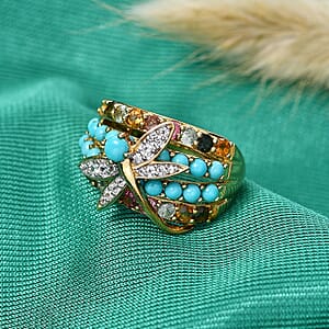 GP Trionfo Collection&nbsp;Premium Lagoon Turquoise and Multi Gemstone 3.00 ctw Dragonfly Ring in 18K Vermeil Yellow Gold Over Sterling Silver (Size 6.0)