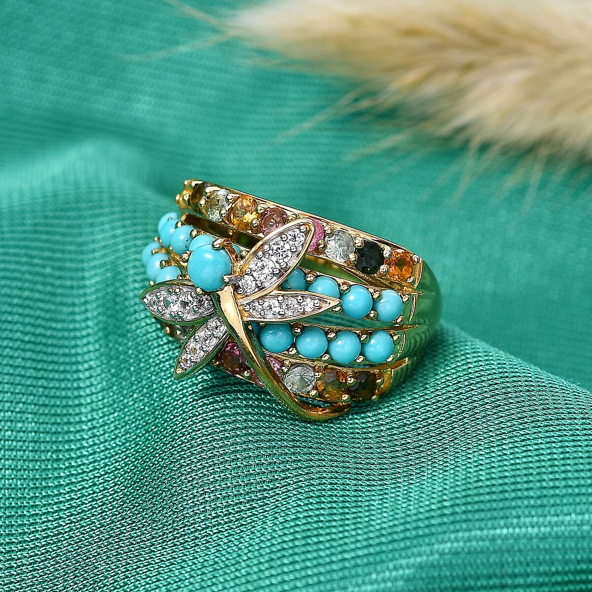 GP Premium Lagoon Turquoise and Multi Gemstone 3.00 ctw Ring in 18K Vermeil Yellow Gold Over Sterling Silver (Size 7.0) image number 1