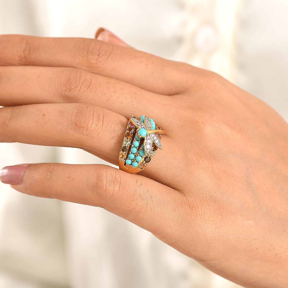 GP Premium Lagoon Turquoise and Multi Gemstone 3.00 ctw Ring in 18K Vermeil Yellow Gold Over Sterling Silver (Size 7.0) image number 3