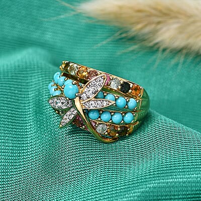 GP Trionfo Collection Premium Lagoon Turquoise and Multi Gemstone 3.00 ctw Dragonfly Ring in 18K Vermeil Yellow Gold Over Sterling Silver (Size 8.0)
