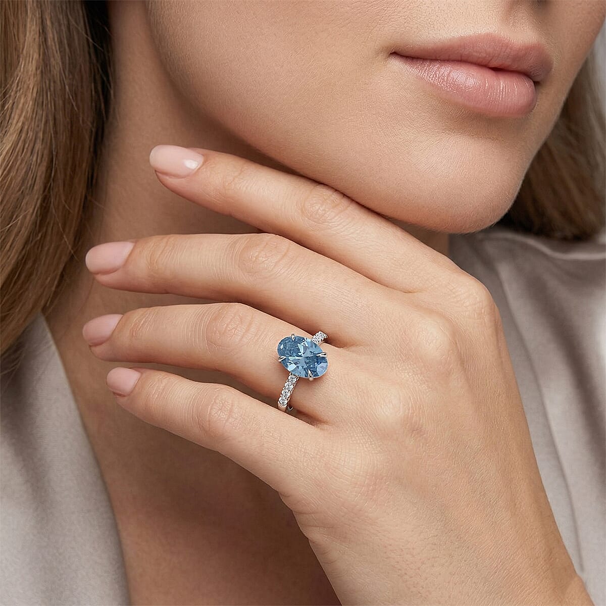 Luxuriant Lab Grown Blue Diamond (IR) and Lab Grown Diamond (VS) Ring in Rhodium Over Sterling Silver (Size 6.0) 3.10 ctw image number 2