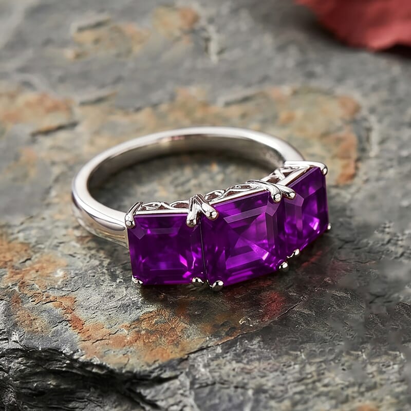 D'Joy Assher Cut Lab Grown Color Change Sapphire 6.10 ctw Ring in Rhodium Over Sterling Silver (Size 7.0)