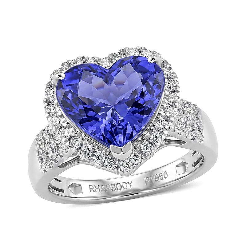Certified & Appraised Rhapsody AAAA Tanzanite and Diamond E-F VS 5.00 ctw Heart Ring in 950 Platinum (Size 6.0) 7.20 Grams