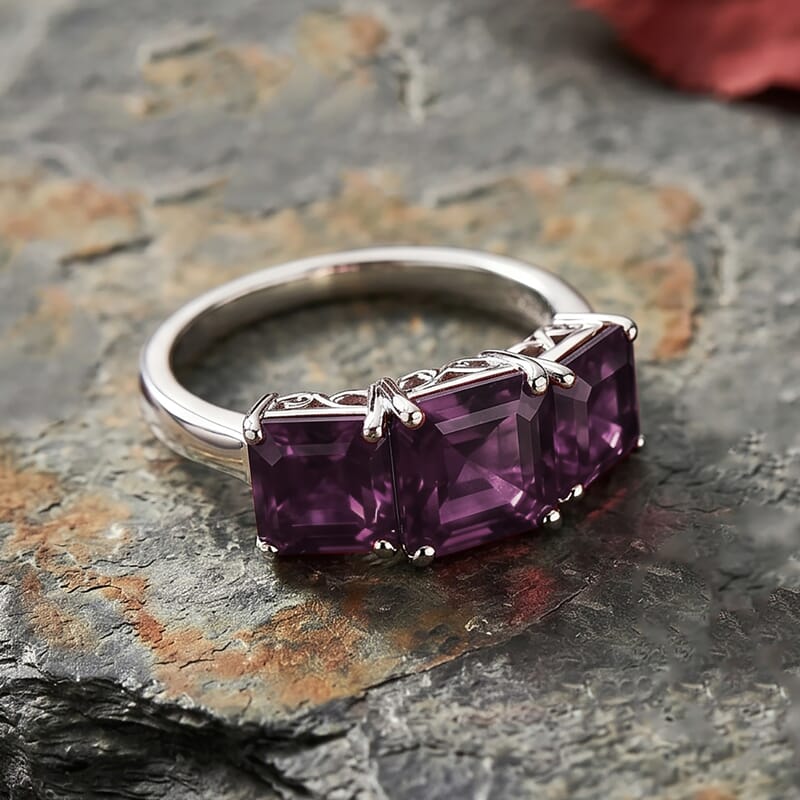 D'Joy Assher Cut Lab Grown Alexandrite 6.10 ctw Ring in Rhodium Over Sterling Silver (Size 10.0)