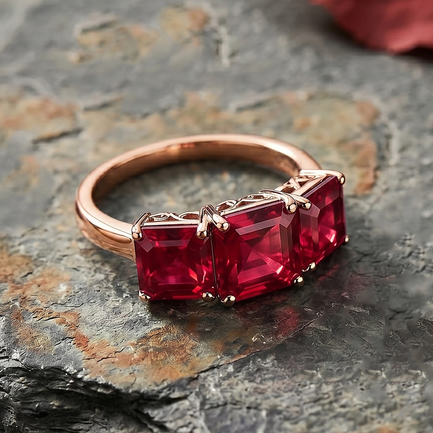 D'Joy Assher Cut Lab Grown Padparadscha Sapphire 6.10 ctw Ring in 18K Vermeil Rose Gold Over Sterling Silver (Size 4.0)