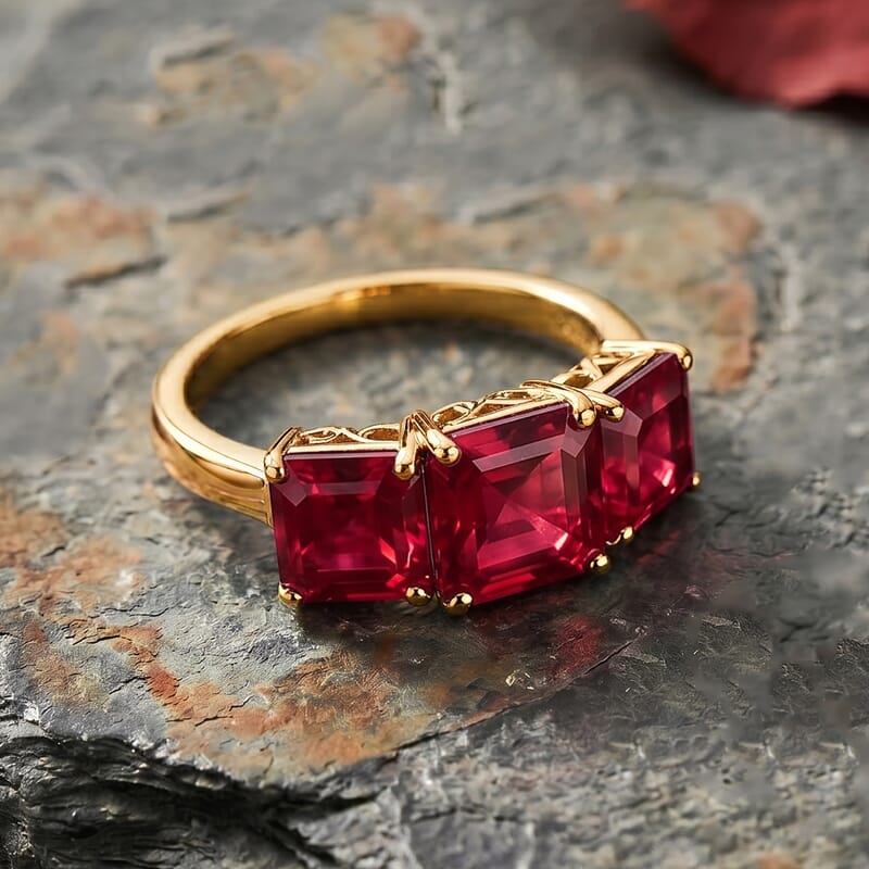 D'Joy Assher Cut Lab Grown Padparadscha Sapphire 6.10 ctw Ring in 18K Vermeil Yellow Gold Over Sterling Silver (Size 5.0)