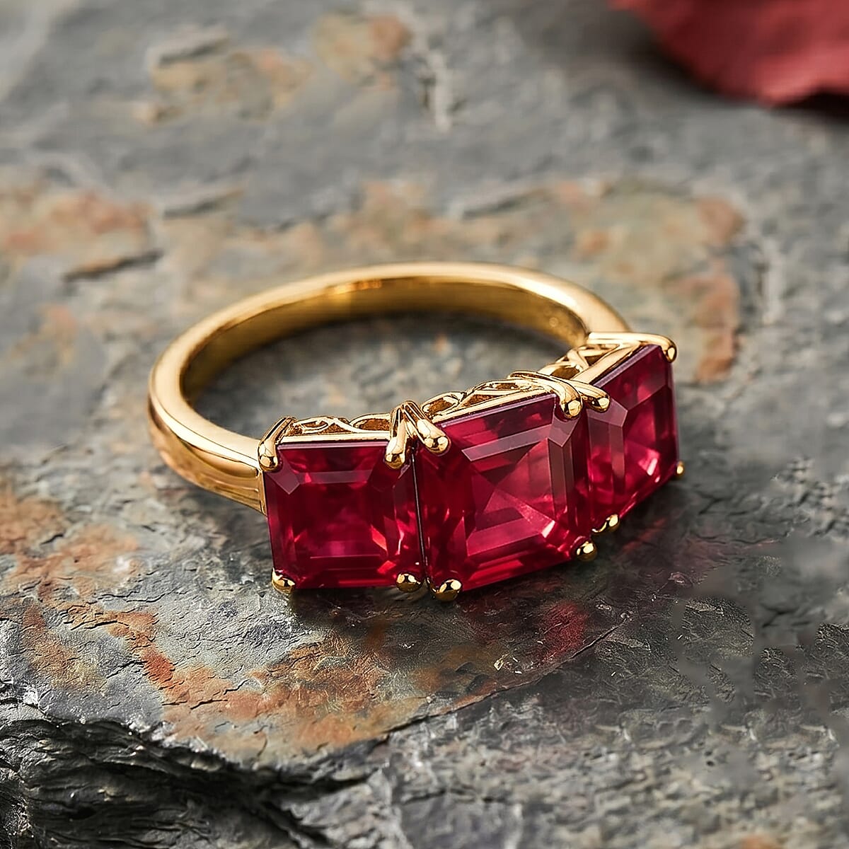 D'Joy Assher Cut Lab Grown Padparadscha Sapphire 6.10 ctw Ring in 18K Vermeil Yellow Gold Over Sterling Silver (Size 9.0) image number 1