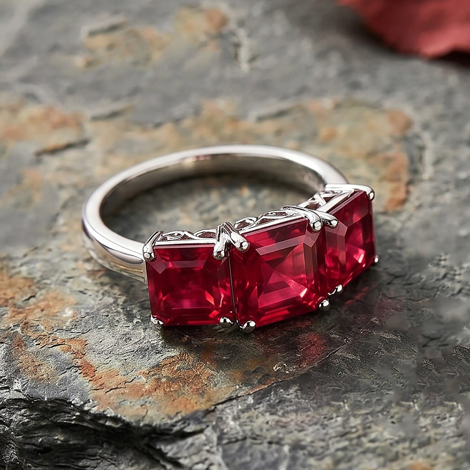 D'Joy Assher Cut Lab Grown Padparadscha Sapphire 6.10 ctw Ring in Rhodium Over Sterling Silver (Size 11.0)