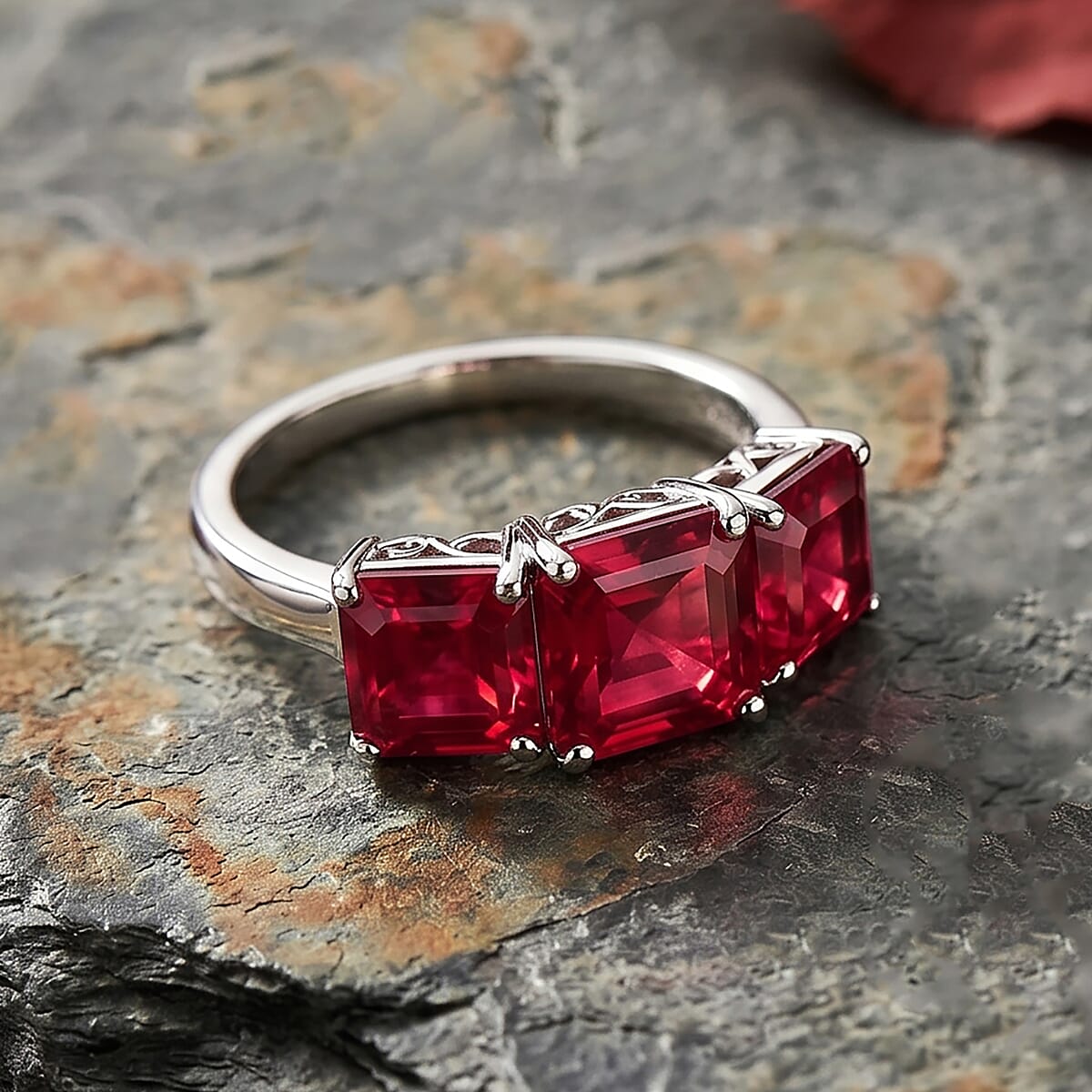 D'Joy Assher Cut Lab Grown Padparadscha Sapphire 6.10 ctw Ring in Rhodium Over Sterling Silver (Size 6.5) image number 1
