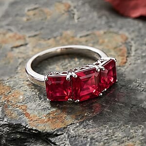 D'Joy Assher Cut Lab Grown Padparadscha Sapphire 6.10 ctw Ring in Rhodium Over Sterling Silver (Size 9.5)