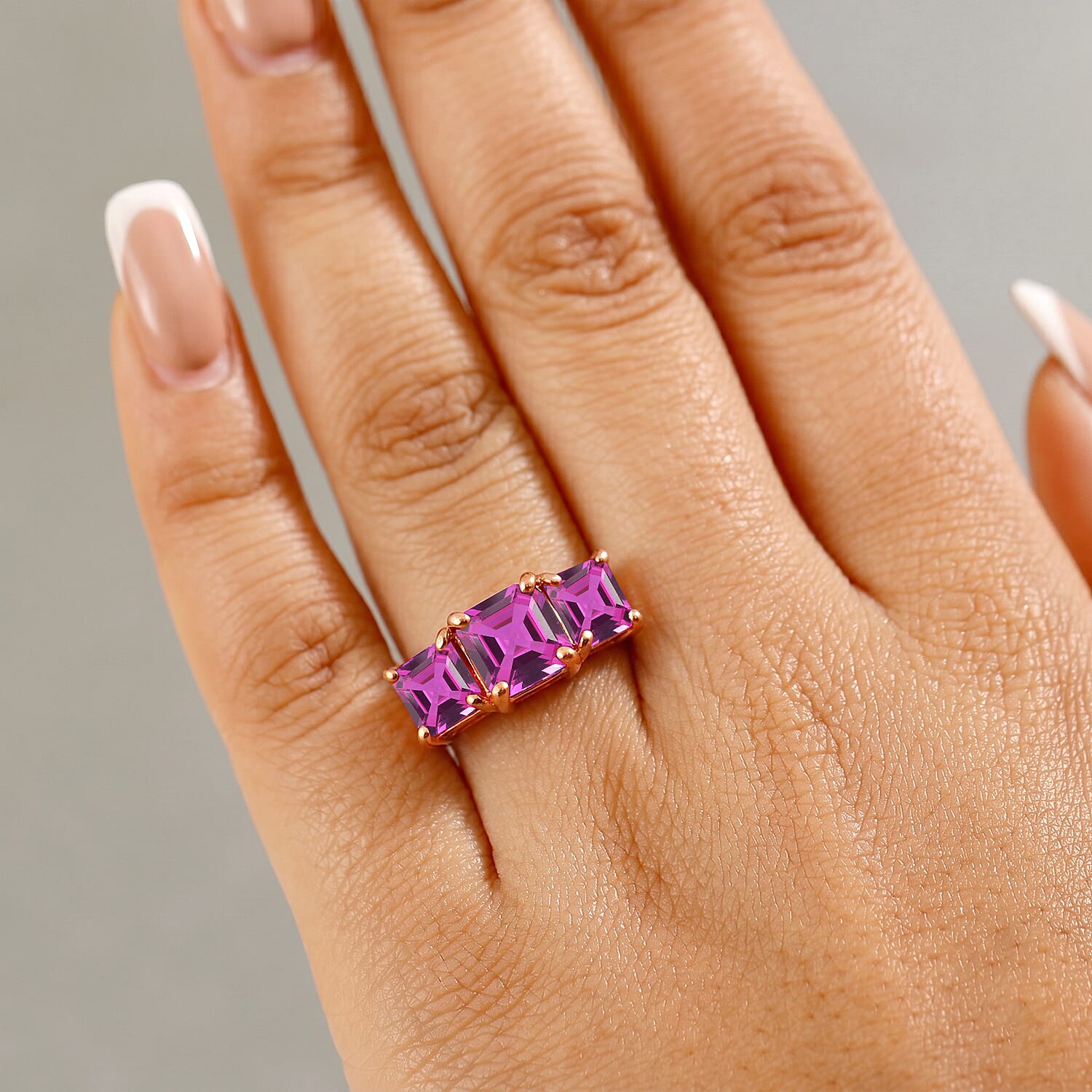 D'Joy Assher Cut Lab Grown Pink Sapphire 6.10 ctw Ring in 18K Vermeil Rose Gold Over Sterling Silver (Size 12.0)