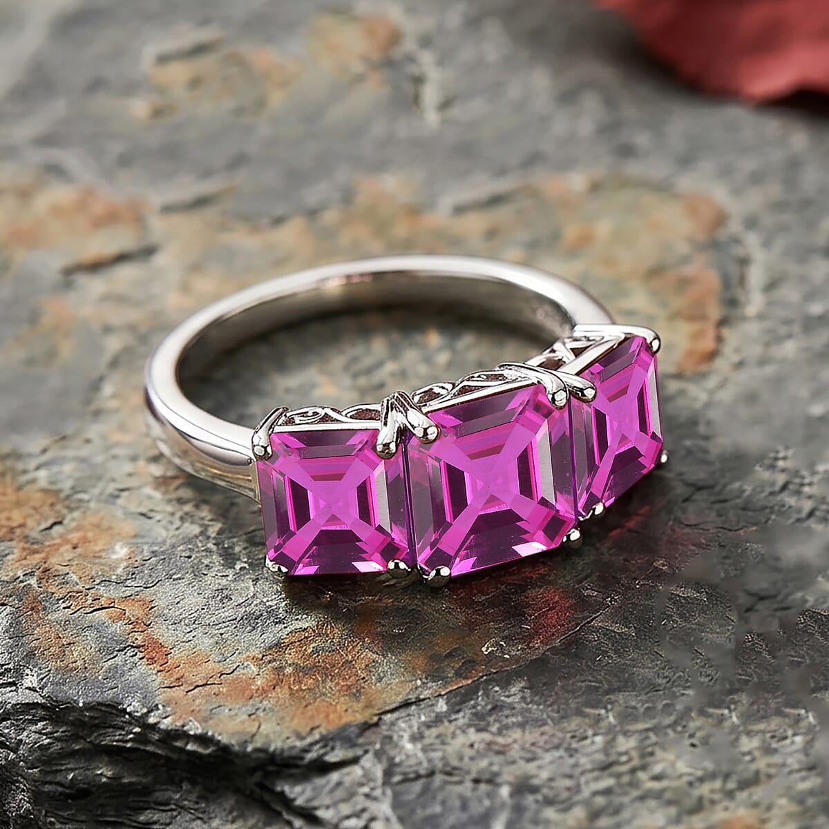 D'Joy Assher Cut Lab Grown Pink Sapphire 6.10 ctw Ring in Rhodium Over Sterling Silver (Size 5.0) image number 1