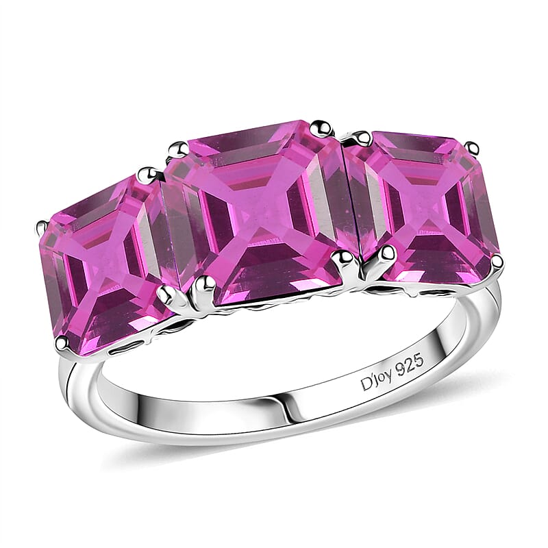 D'Joy Assher Cut Lab Grown Pink Sapphire 6.10 ctw Ring in Rhodium Over Sterling Silver (Size 7.0)