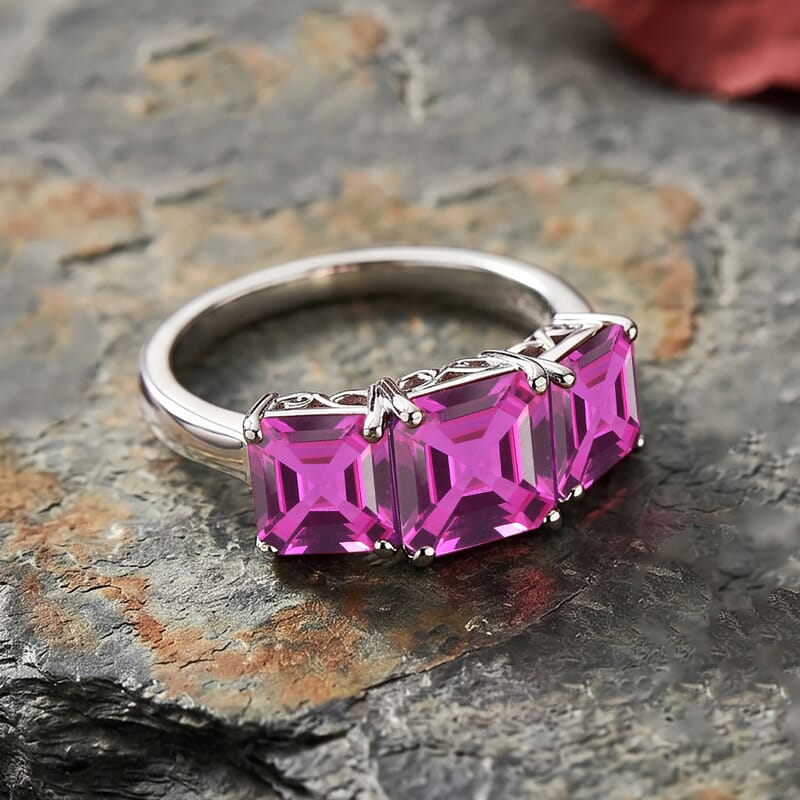 D'Joy Assher Cut Lab Grown Pink Sapphire 6.10 ctw Ring in Rhodium Over Sterling Silver (Size 7.5)