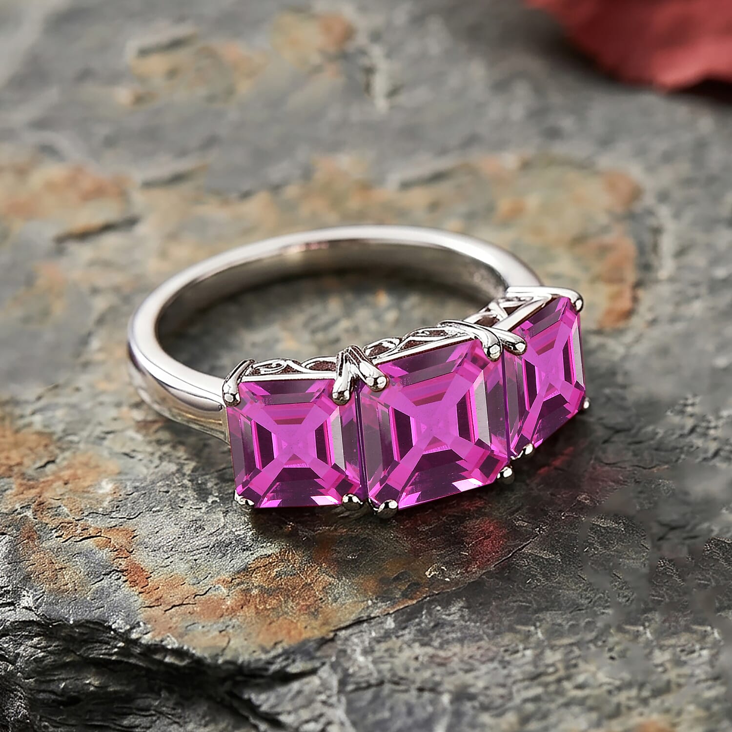 D'Joy Assher Cut Lab Grown Pink Sapphire 6.10 ctw Ring in Rhodium Over Sterling Silver (Size 8.0)