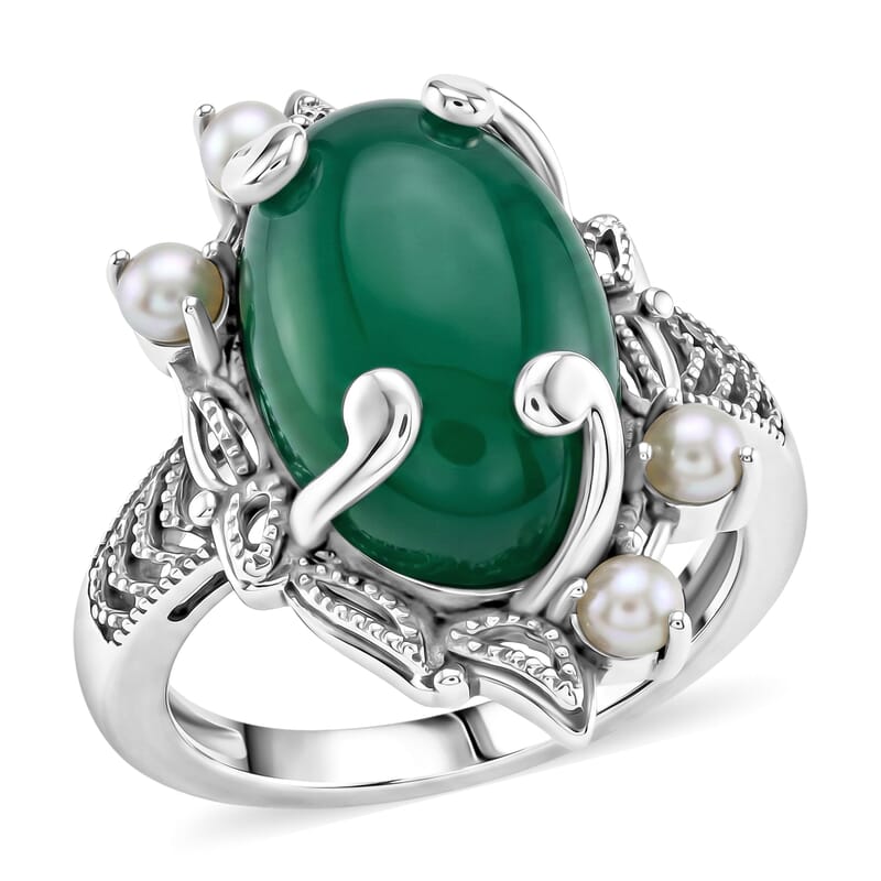 D'Joy Indian Artisan Crafted Premium Green Onyx 7.90 ctw and Freshwater Pearl Ring in Sterling Silver (Size 6.0)