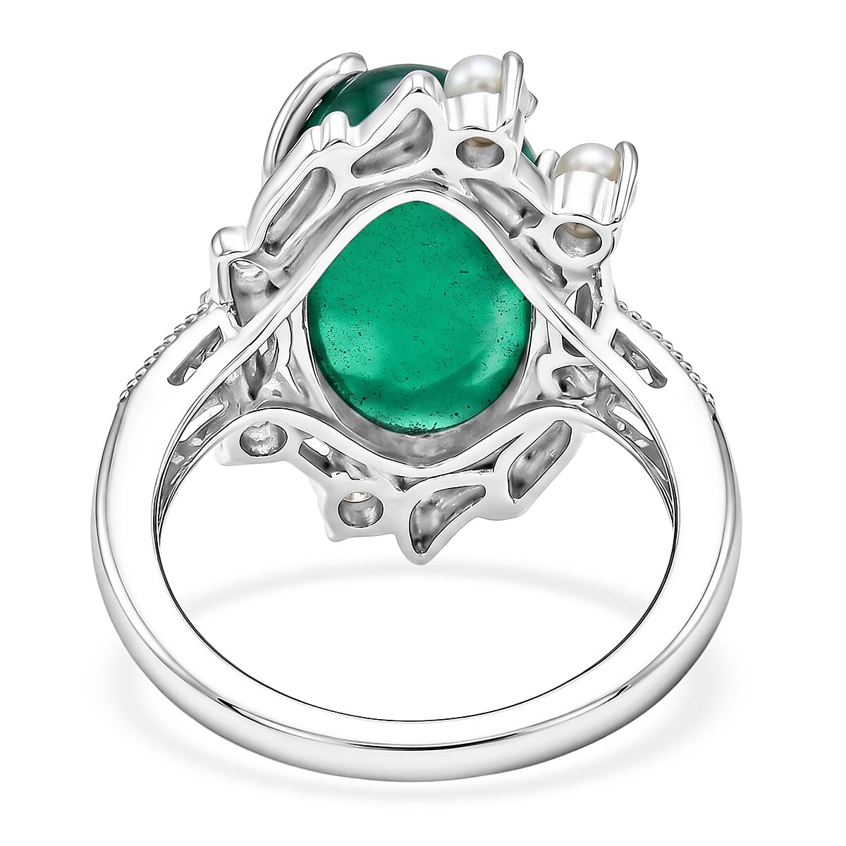 D'Joy Indian Artisan Crafted Premium Green Onyx 7.90 ctw and Freshwater Pearl Ring in Sterling Silver (Size 6.0)