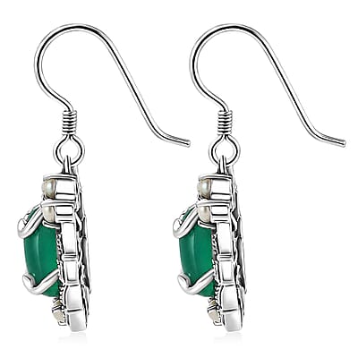 D'Joy Indian Artisan Crafted Green Onyx 7.80 ctw and Freshwater Pearl Earrings in Sterling Silver