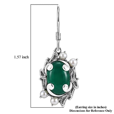 D'Joy Indian Artisan Crafted Green Onyx 7.80 ctw and Freshwater Pearl Earrings in Sterling Silver