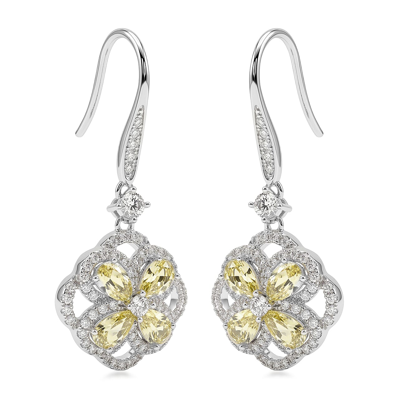 Lemon Quartz and White Corundum 1.90 ctw Earrings in Rhodium Over Sterling Silver