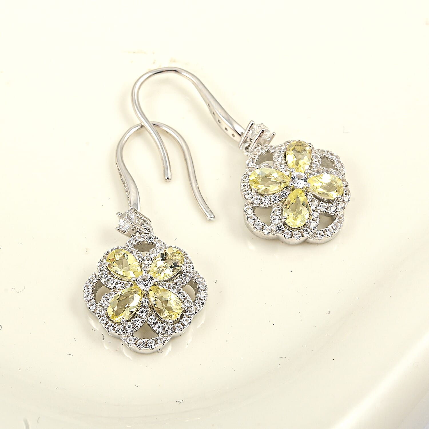 Lemon Quartz and White Corundum 1.90 ctw Earrings in Rhodium Over Sterling Silver