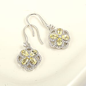 Lemon Quartz and White Corundum 1.90 ctw Earrings in Rhodium Over Sterling Silver
