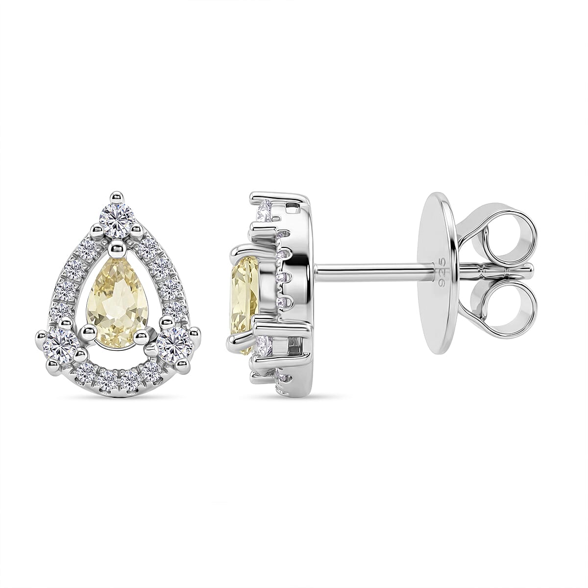 Lemon Quartz and White Corundum 0.50 ctw Earrings in Rhodium Over Sterling Silver
