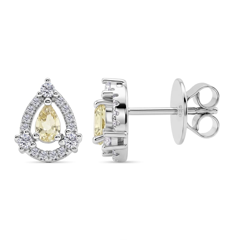 Lemon Quartz and White Corundum 0.50 ctw Earrings in Rhodium Over Sterling Silver