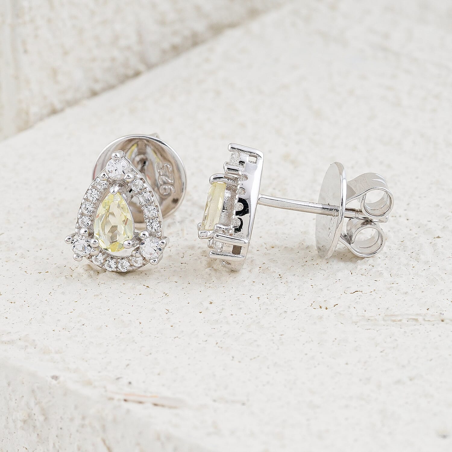 Lemon Quartz and White Corundum 0.50 ctw Earrings in Rhodium Over Sterling Silver