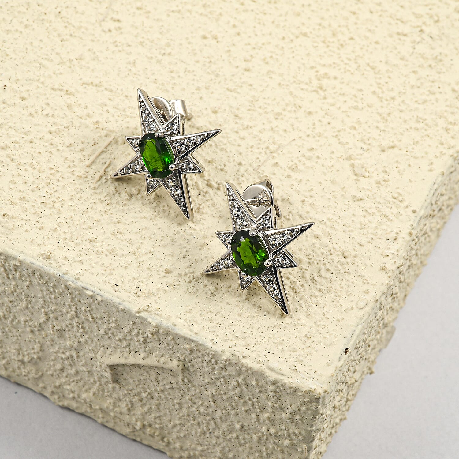 Chrome Diopside and White Corundum 1.20 ctw Earrings in Rhodium Over Sterling Silver
