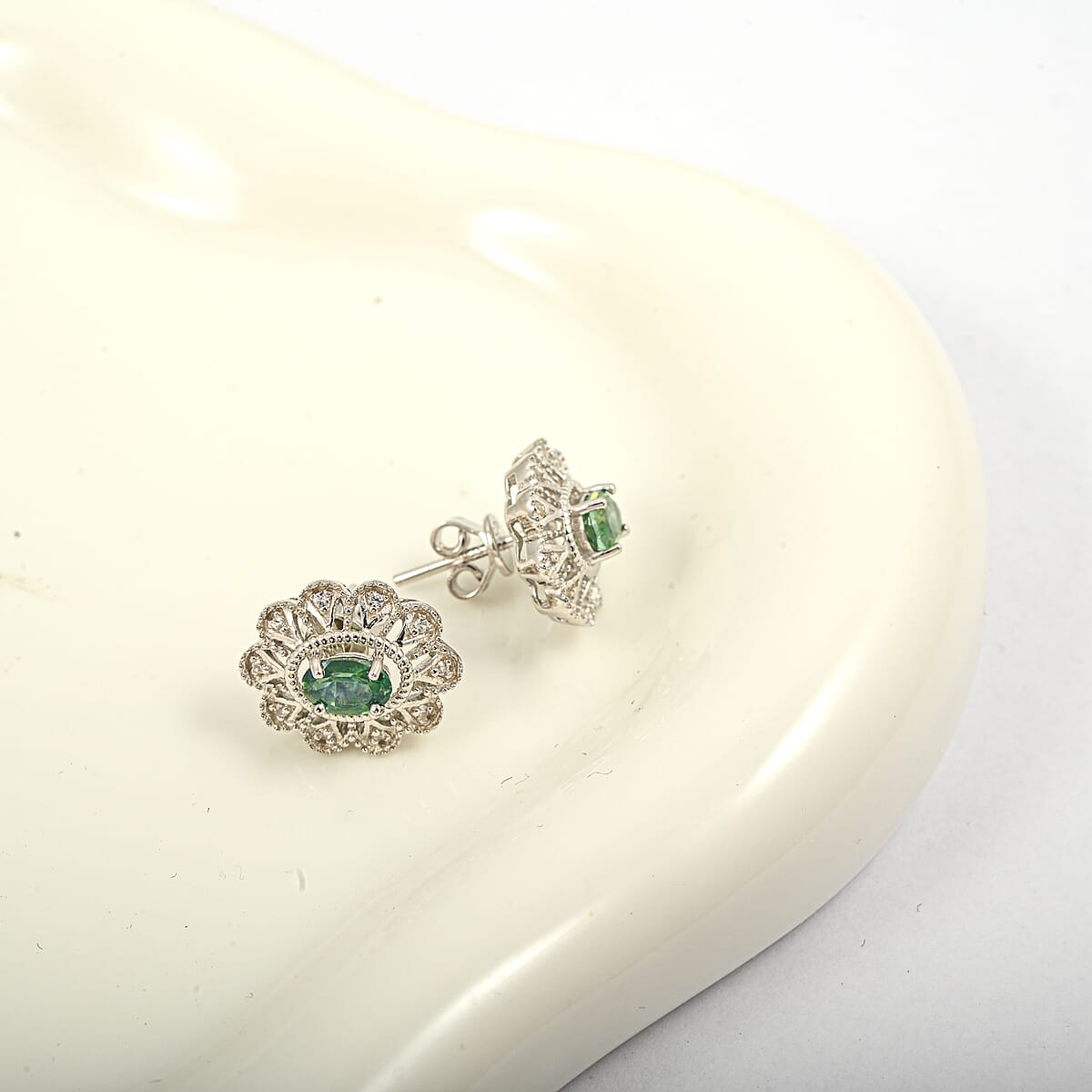 Chrome Diopside and White Corundum 1.30 ctw Earrings in Rhodium Over Sterling Silver image number 1