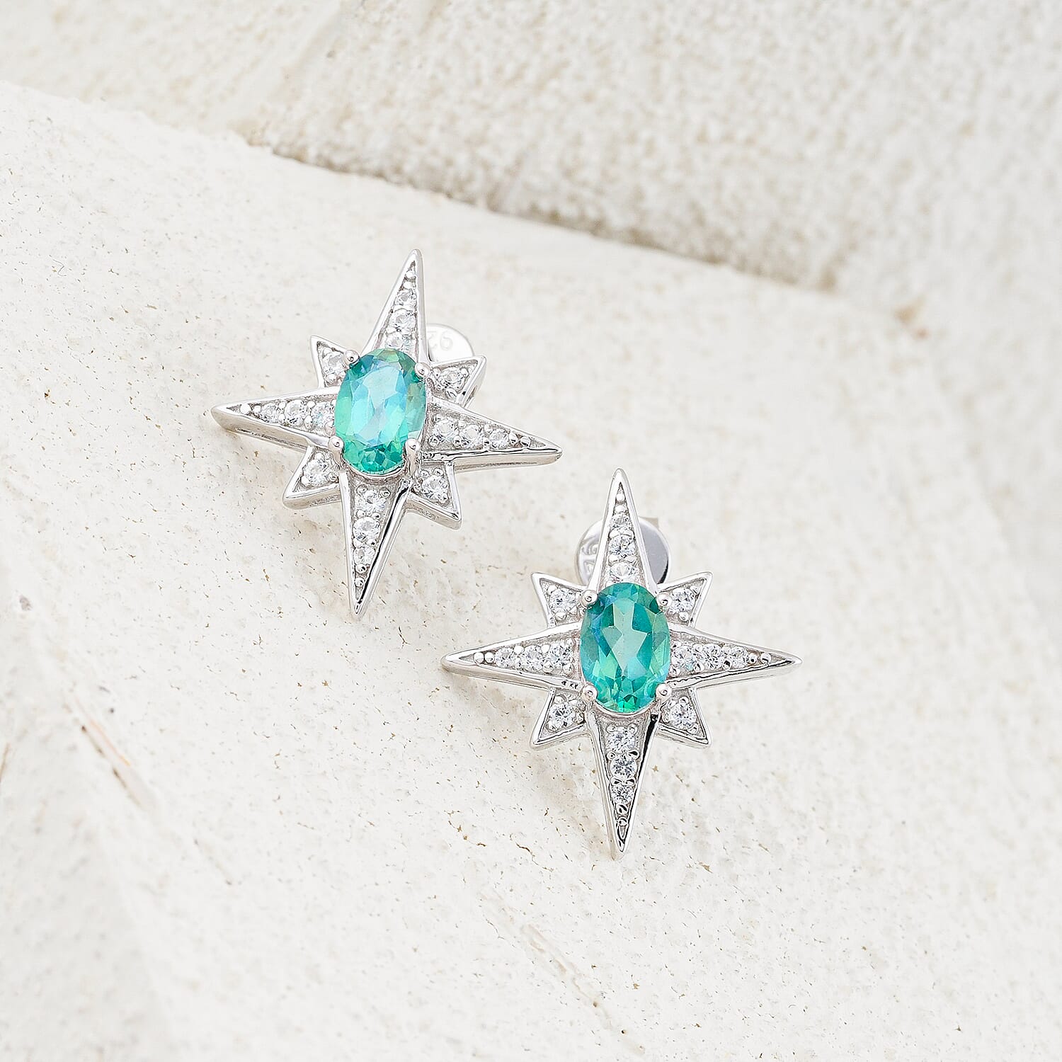 Green Quartz and White Corundum 1.20 ctw Earrings in Rhodium Over Sterling Silver