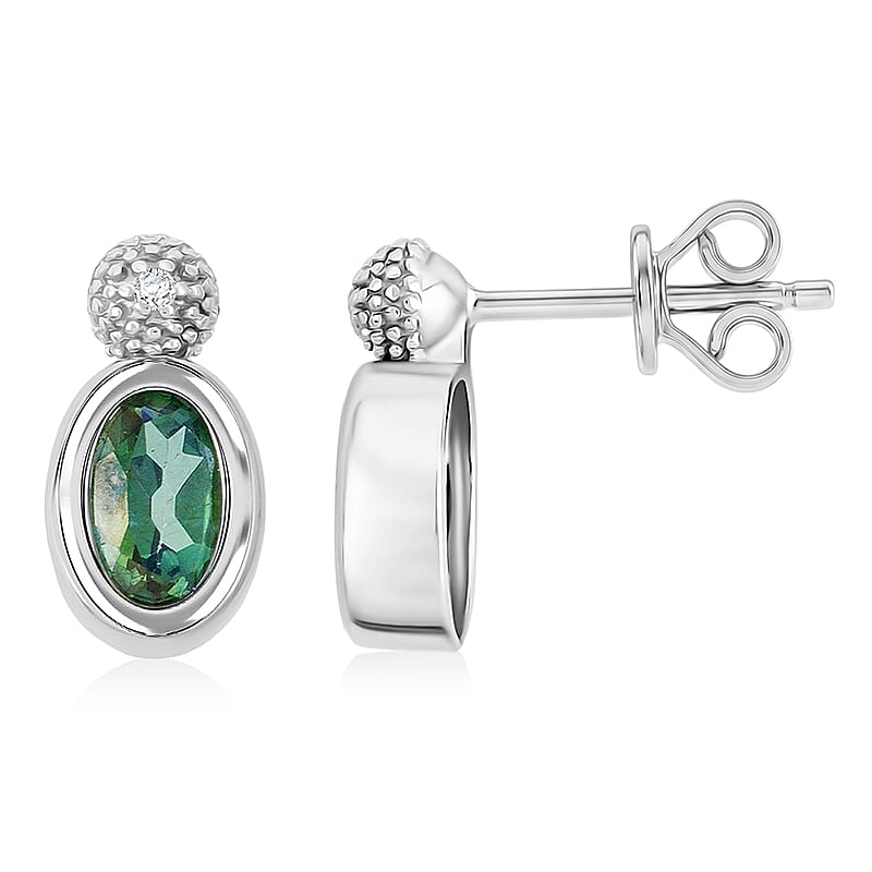 Oval Green Quartz Drop Stud Earrings with White Corundum