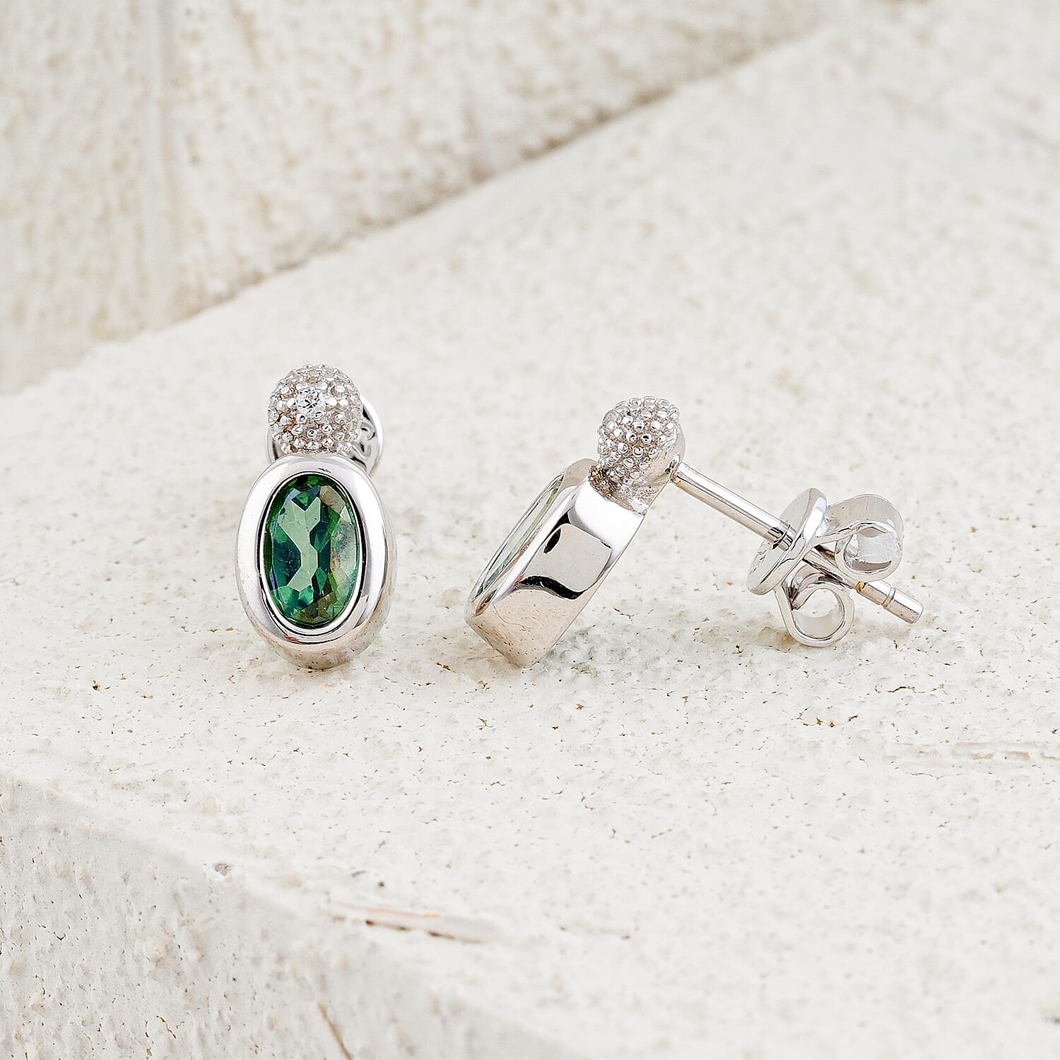 Oval Green Quartz Drop Stud Earrings with White Corundum