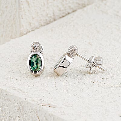 Oval Green Quartz Drop Stud Earrings with White Corundum