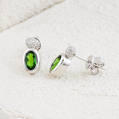 Forest Green Quartz and White Corundum 1.30 ctw Earrings in Rhodium Over Sterling Silver