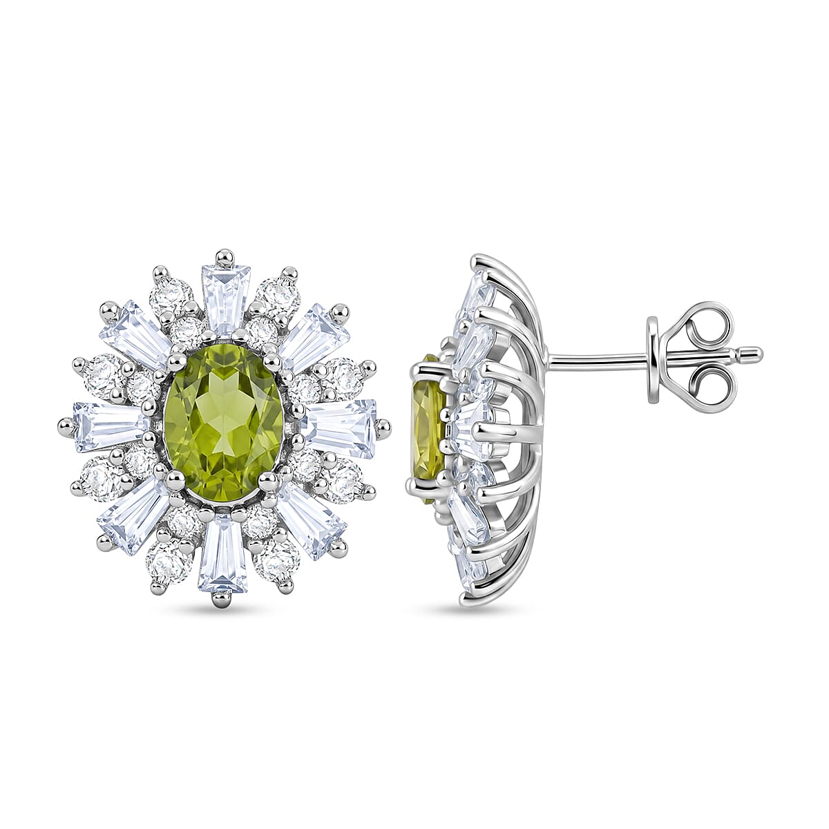 Hebei Peridot and White Corundum 3.40 ctw Earrings in Rhodium Over Sterling Silver