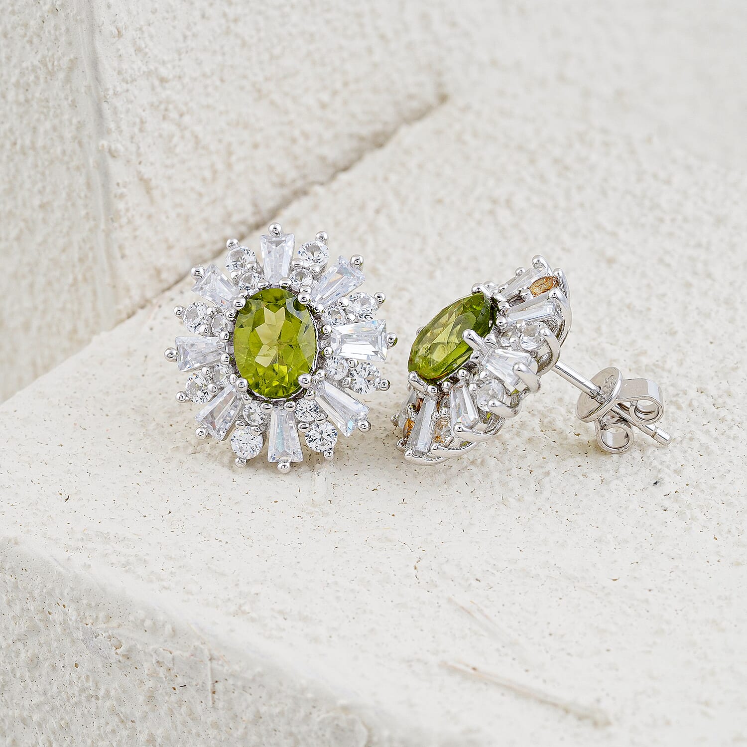 Hebei Peridot and White Corundum 3.40 ctw Earrings in Rhodium Over Sterling Silver