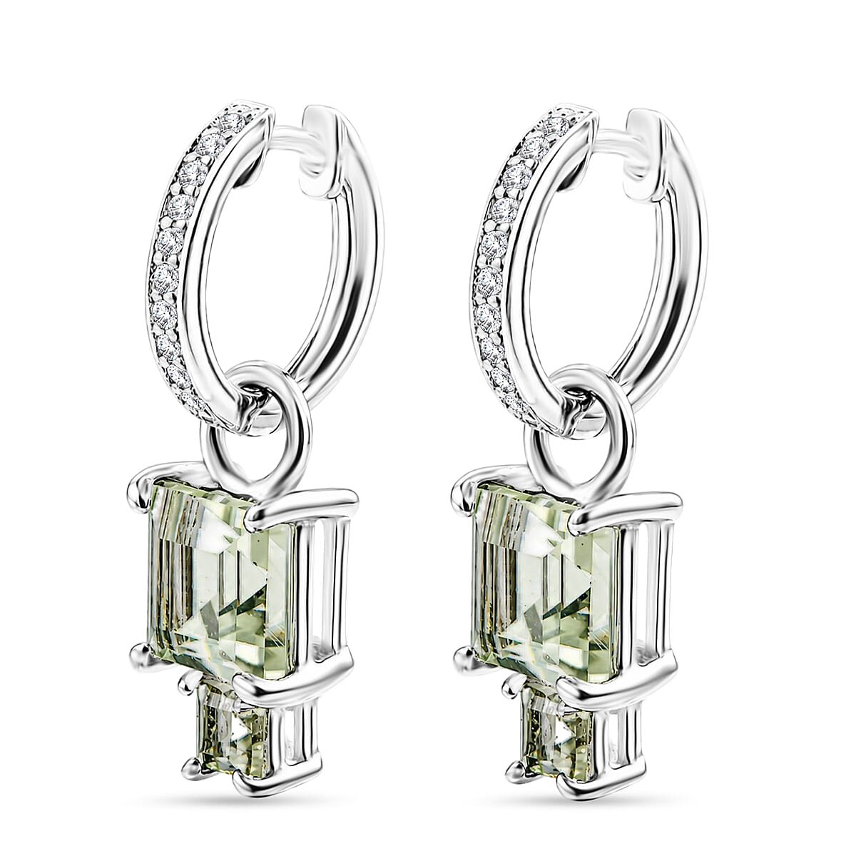 Princess Cut Montezuma Prasiolite and White Corundum 0.50 ctw Earrings in Rhodium Over Sterling Silver