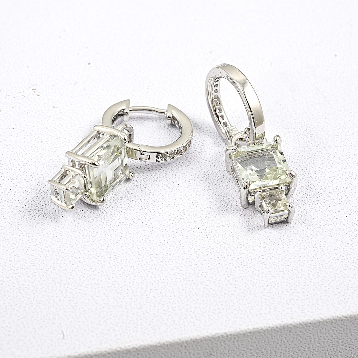 Princess Cut Montezuma Prasiolite and White Corundum 0.50 ctw Earrings in Rhodium Over Sterling Silver