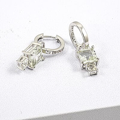 Princess Cut Montezuma Prasiolite and White Corundum 0.50 ctw Earrings in Rhodium Over Sterling Silver